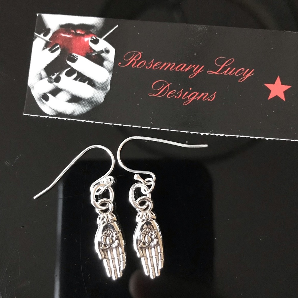 5/$30 silver lotus hands goth witchy zen earrings